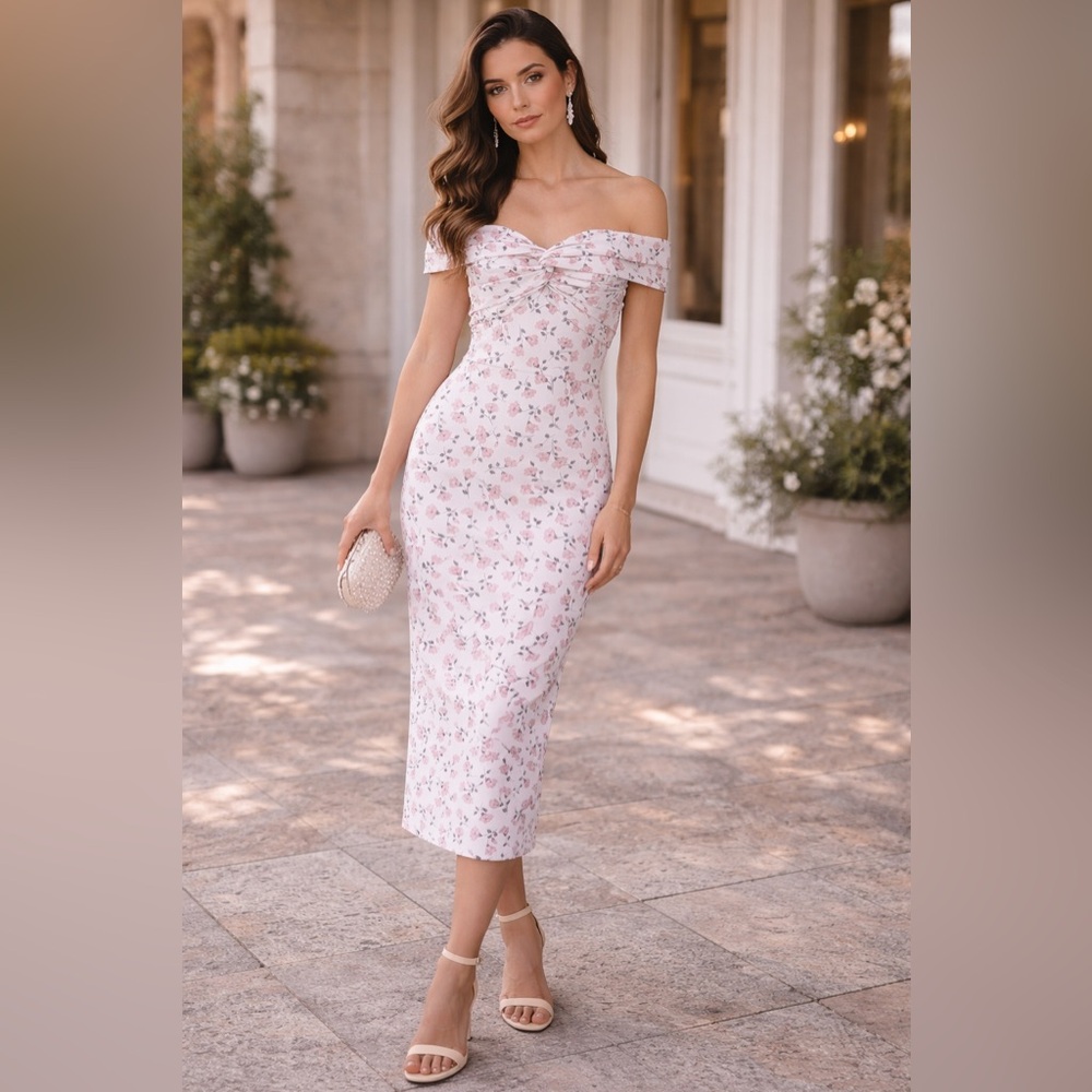 Shoshanna Midnight THESSA Floral Daydream Dress‎ White Off Shoulder $525 Size 4